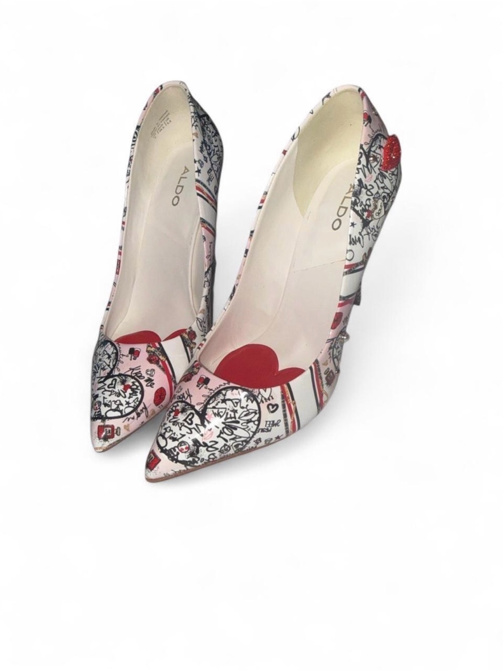 Aldo Heart Accent Pink, Red and Black Printed Pointed Pumps